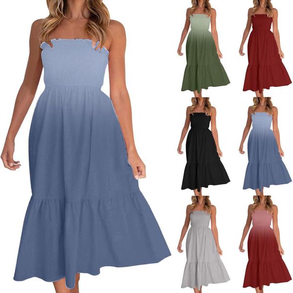 

casual dresses gradient printing dress women summer ladies bandeau solid color bohemian style tube one-shoulder vestido, Black;gray