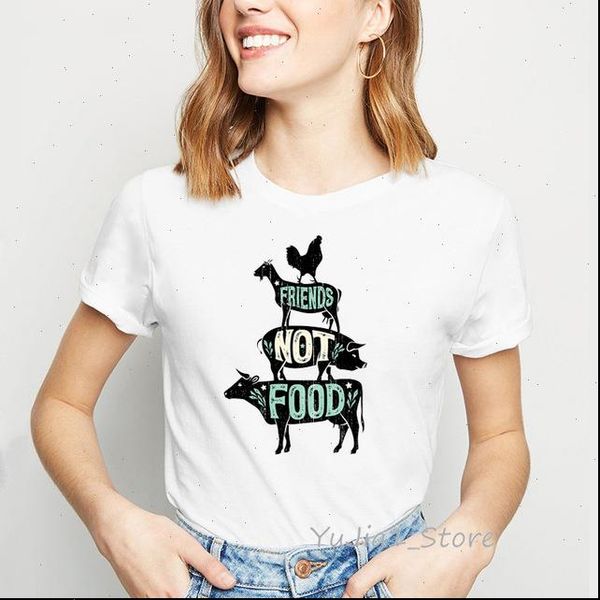 

women funny vegan t shirt graphic tees harajuku kawaii friends not food animal print tee femme cute 90s, White