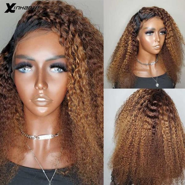 

lace wigs ombre brown #1bt30 kinky curly brazilian remy 100% human hair side part 13x4 v frontal baby, Black;brown
