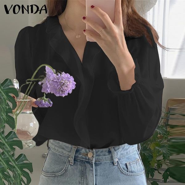 

women's blouses & shirts vonda women pleated blouse casual party ruffled summer v neck lace long sleeve solid bohemian blusas 5xl, White