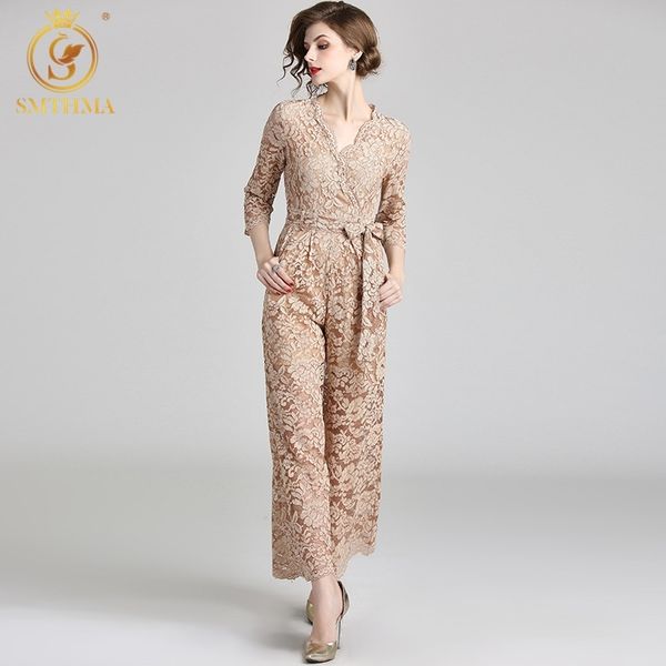 

spring jumpsuit women lace hollow out v-neck rompers runway wide llg pants 210520, Black;white