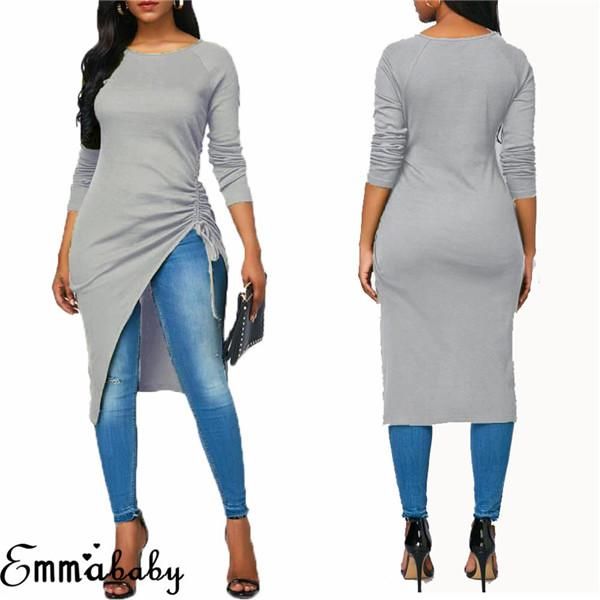 

women's blouses & shirts women long sleeve casual high split asymmetrical hem ladies solid cotton female clothing, White