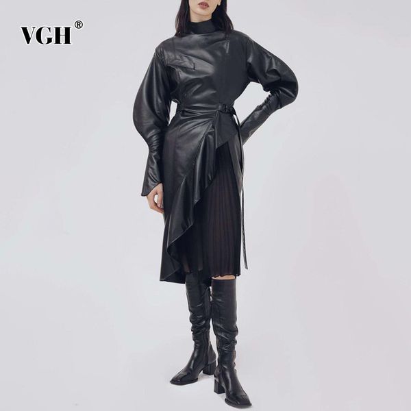 

asymmetric dress for women stand collar puff long sleeve ruffles lace up black pu dresses female fashion clothing 210507, Black;gray