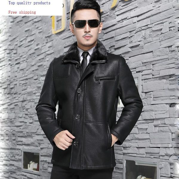 

men's leather & faux winter genuine jacket men 100% real sheepskin coat for collar blouson cuir homme m17c031 kj3215, Black