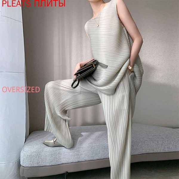 

women's two piece pants miyake pleated suit vest + wide-leg two-piece female summer niche temperament pieces set pleats trousers, White