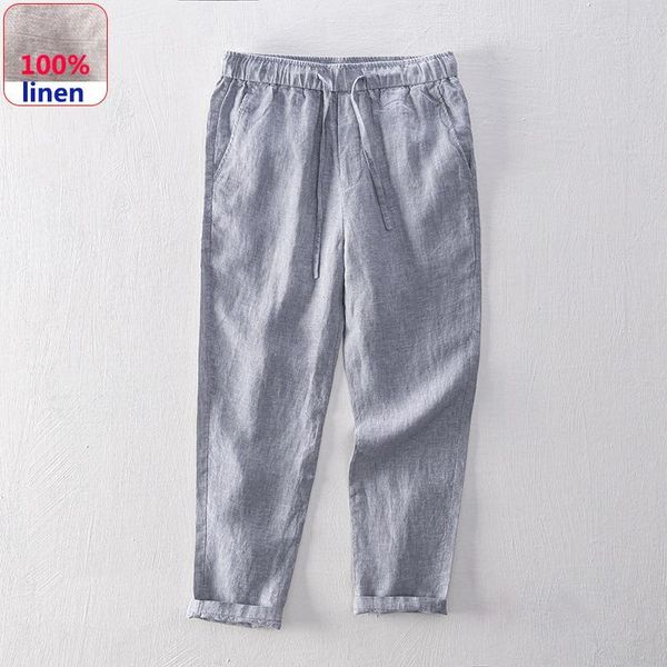 

simple casual pants for men's youth summer 100% linen breathable straight trousers male nine-point l8210, Black