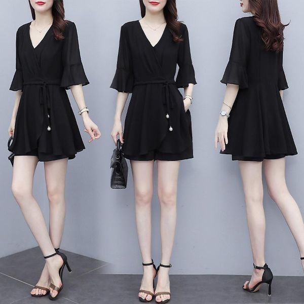 

women's tracksuits chiffon fashion suit women summer solid color v-neck pullover blouse+elastic waist shorts loose large size two-piece, Gray
