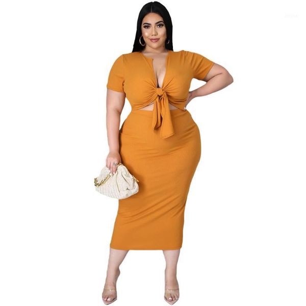 

plus size tracksuits waterarea women solid article pit outfits bandage short sleeve and skinny ankle length skirt two piece sets, Black