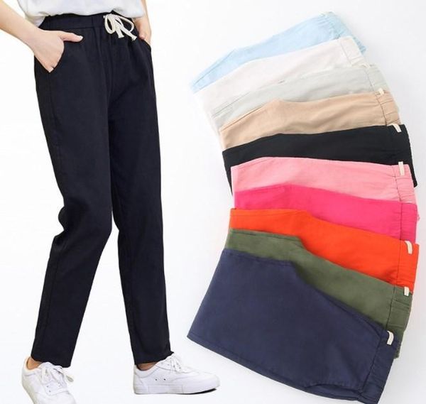 

women's pants & capris 10 solid color womens cotton linen for women trouser loose casual summer drawstring pontalon femme, Black;white