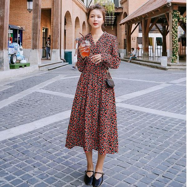 

2021 spring autumn korean v-neck waist-controlled slimming floral print mid-length fashion casual dress women d21 dresses, Black;gray