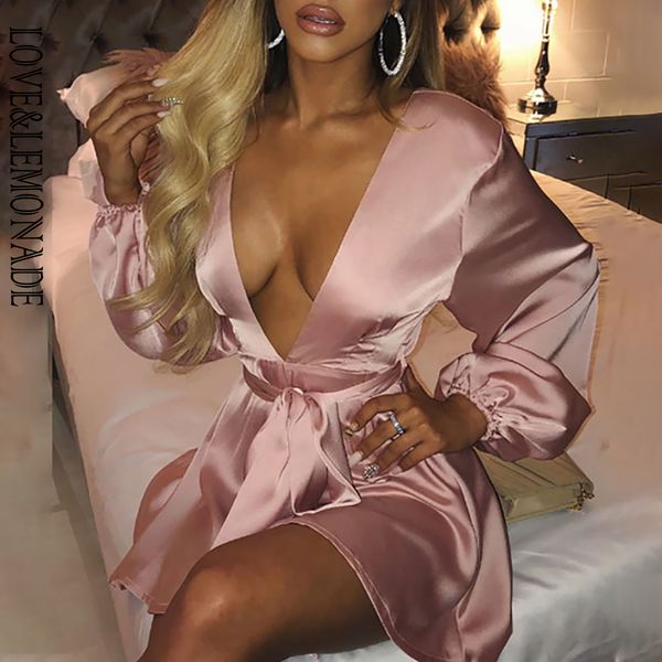 

LOVE&LEMONADE Sexy Deep V-Neck Open Back Reflective Material Long-Sleeved A-Line Mini Dress LM98077, Black