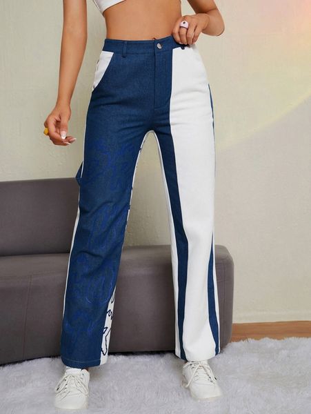 

two tone letter graphic straight leg pants k1kg#, Black;white