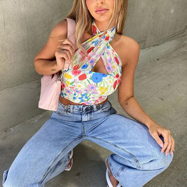 

summer floral print halter neck crop women casual off shoulder backless mesh y2k beach sleeveless tank 210514, White