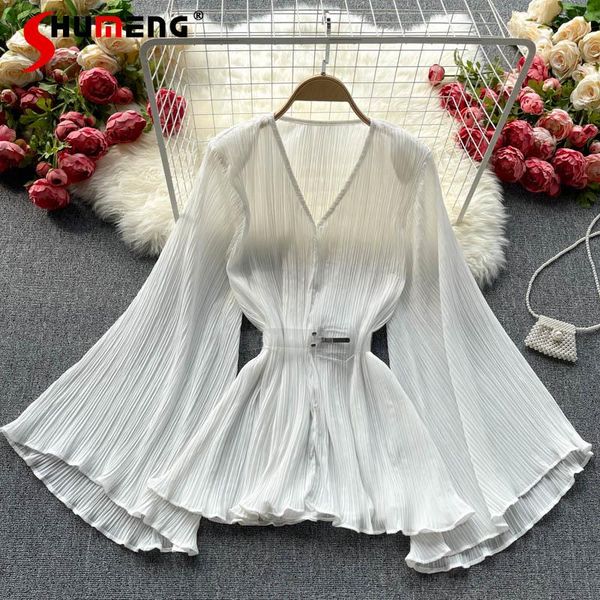 

women's blouses & shirts 2021 summer european ins bell sleeve pleat and waisted slimming versatile chiffon shirt for women, White