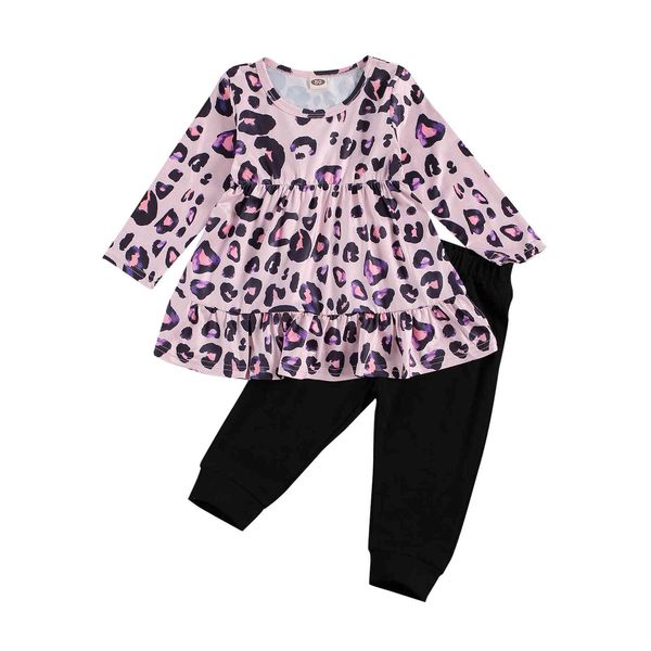 

1-6y autumn spring toddler kid girls clothes set leopard long sleeve tunic pants outfits child clothing 210515, White