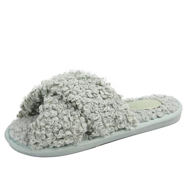 

slippers winter women warm faux fur home ladies cross soft plush furry female open toe women's house shoes fashion, Black