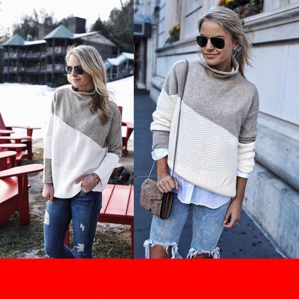 

women's sweaters 2021 spring fashion women sweater turtleneck stitching long sleeve loose knit pullovers casual n410, White;black