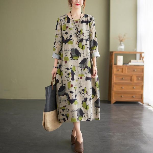 

casual dresses 2021 arrival print floral long sleeve autumn dress cotton linen office lady work women spring midi, Black;gray