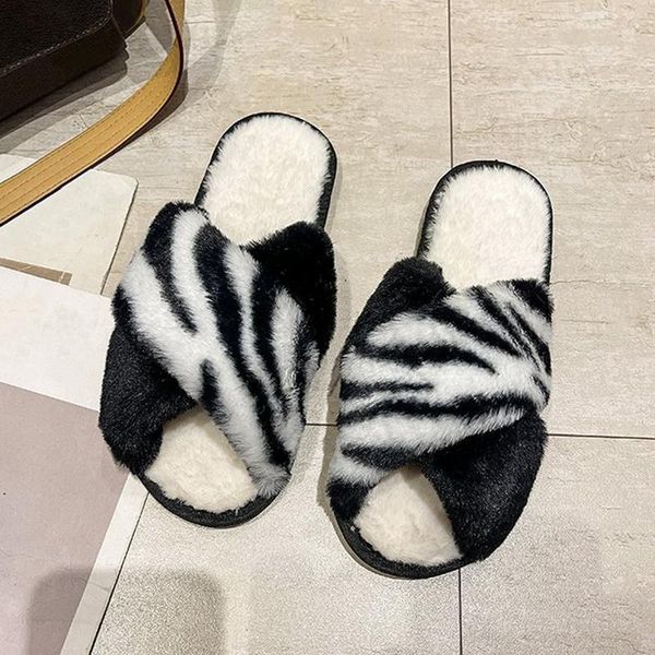 

slippers leopard print winter warm fluffy plush women faux fur cross indoor floor slides flat soft female non-slip house shoes, Black