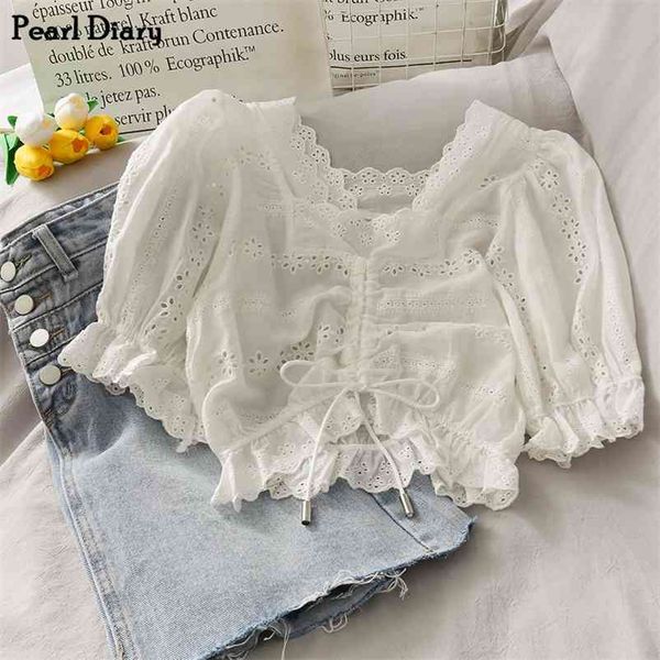 

pearl diary women white cotton broidery crop square neck scallop lace trim sweet ruched front drawstring puff sleeve 210401