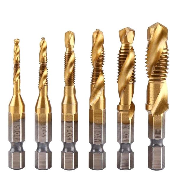 

hand tools 1 piece hex shank titanium plated hss screw thread metric tap drill bit m3 m4 m5 m6 m8 m10 spiral drilling bits