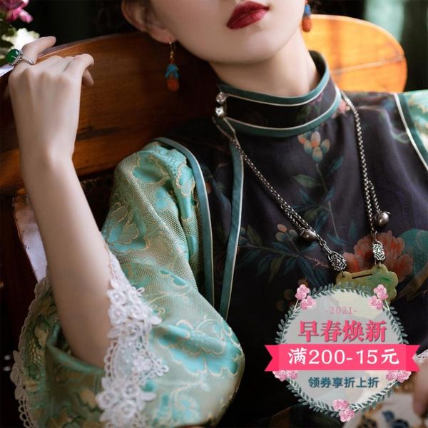 

and autumn style retro republic of china real silk xiangyun yarn lace side long sleeve fake two cheongsam dresses ethnic clothing, Red