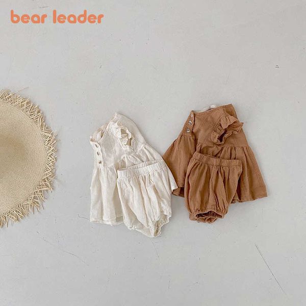

bear leader born baby casual clothes sets fashion girls ruffles vest shorts outfit 2pcs infant korean style clothing 0-2y 210708, White