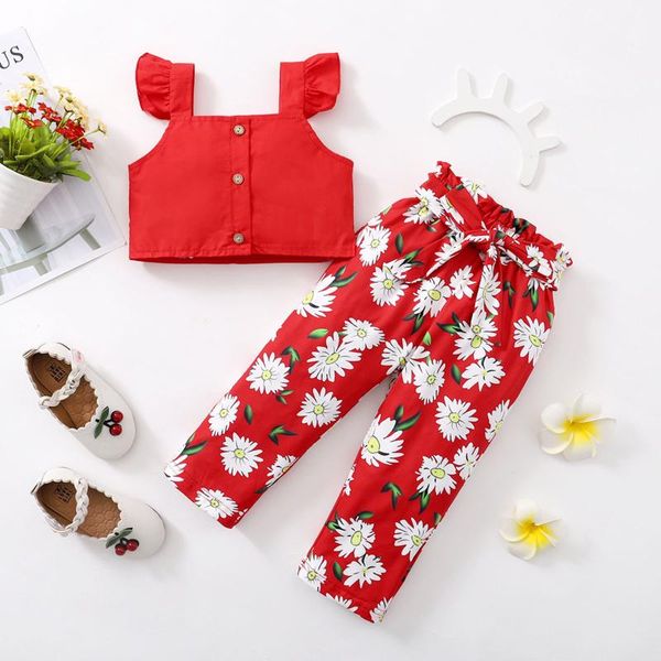 

clothing sets baby girl clothes toddler girls sleeveless solid vest +floral printed pants outfits born bebes bodysuit, White