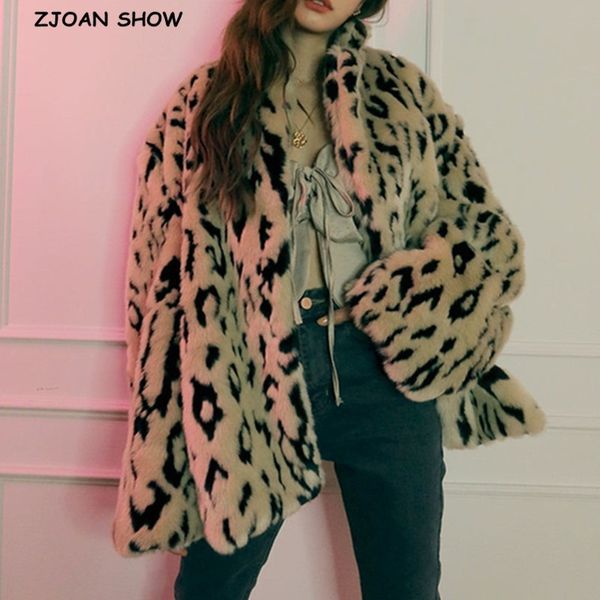 

women's wool & blends winter women notched collar hairy shaggy leopard fur jacket oversized keep warm short furry coa, Black