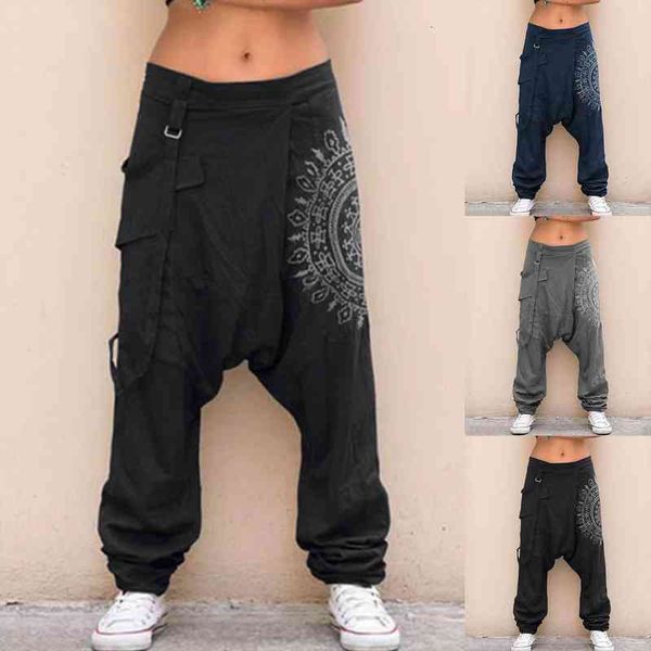 

women retro ethnic streetwear low rise drop crotch retro print saggy baggy trousers loose harem pants, Black;white