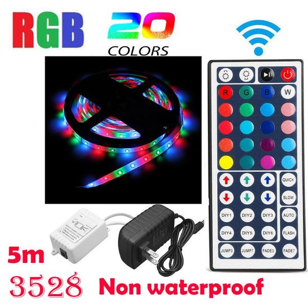 

strings 5meter no-waterproof flexible color changing rgb smd 3528 300 leds strip light 44 key remote control 12v+12v 2a power supply