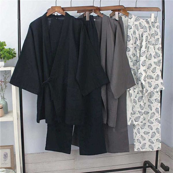 Baumwolle Japanische Nachtwäsche Fori Männer Kimono Haori Pyjamas Nachthemd Sommer Tops + Hosen Kleidung Set Atmungsaktive Yukata Jinbei 211019