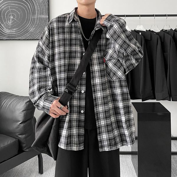 

harajuku men's classic plaid shirts fashion woman cotton long sleeve streetwear male, White;black