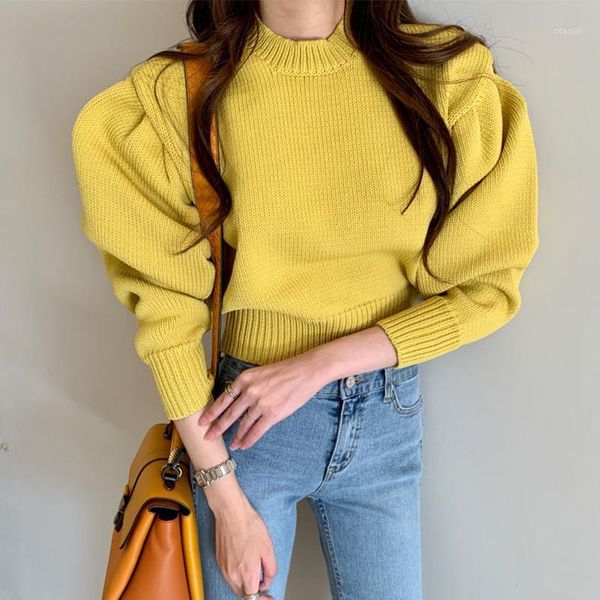 

women's sweaters 2021 autumn candy color sweater korean slim waist pullovers o-neck all-match knitted puff sleeve soft warm women, White;black