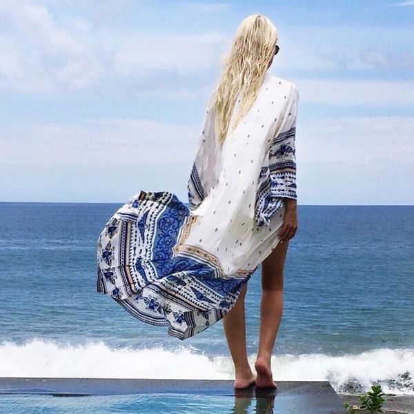

women's swimwear 2021 women kimono pareo beach summer bikini blouse chiffon blue white printing swimsuit cover up, White;black
