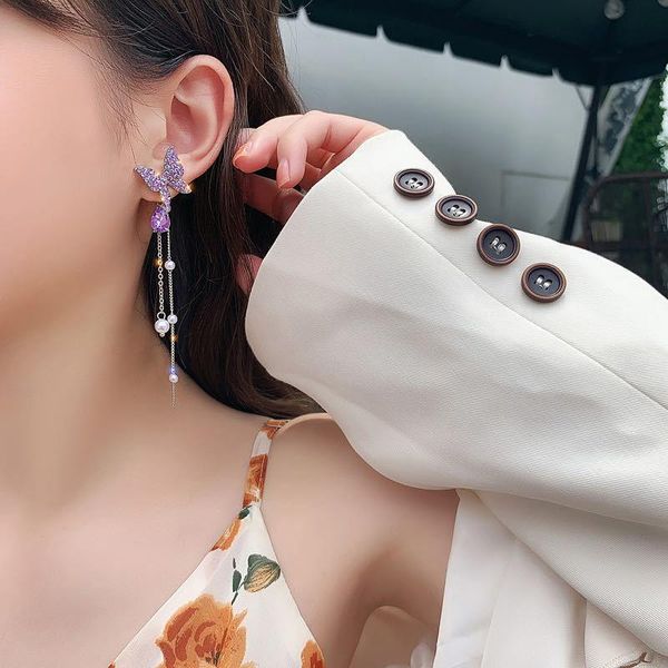 

dangle & chandelier 2021 fashion korean shiny butterfly rhinestone drop earrings for women elegant pearl tassel pendientes party jewelry, Silver