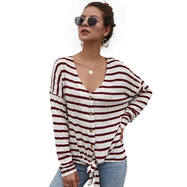 

women's t-shirt striped women cardigans single breasted long sleeve sweater tshirts 2021 autumn casual v-neck knit shirt ladies, White