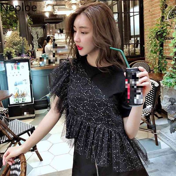 O Collo Pailletted Mesh Patchwork Black T Shirt Donna Estate Pullover Manica corta Tees Allentati Top irregolare 49692 210422