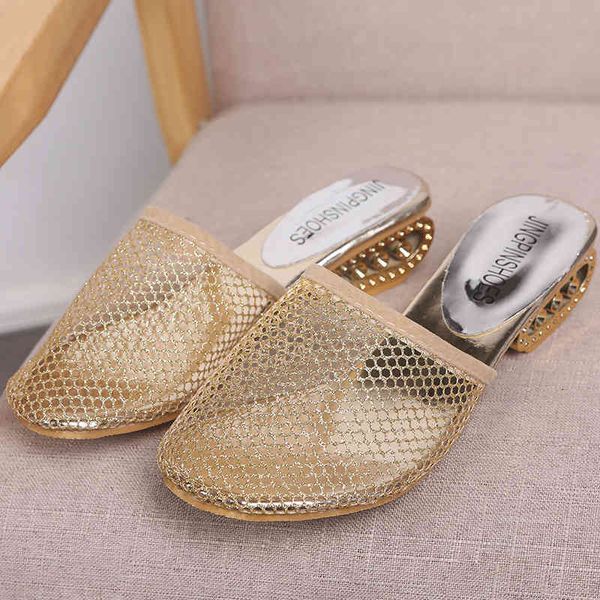 

sandals 2021 women slippers mules half slides with heels round toe mesh hollow out golden for female slip on summer shoes h3r7, Black