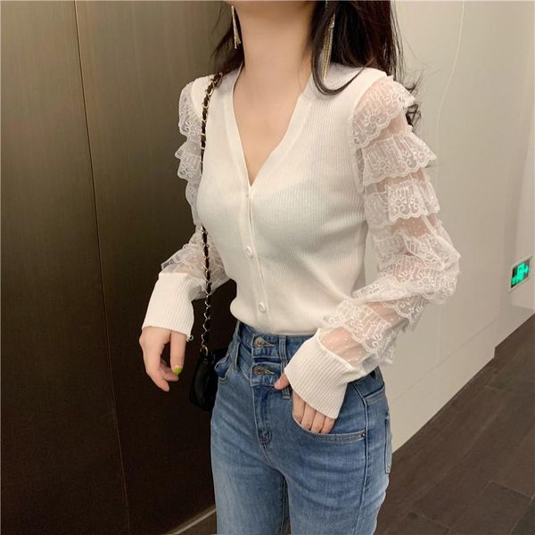 

women's knits & tees casual knitted cardigan 2021 fall v-neck single-breasted lace stitching lantern sleeve fashion clothing, White