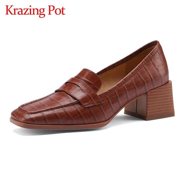 

krazing pot korean girls full grain leather stone pattern handmade square toe thick med heel slip on office lady women pumps l73 dress shoes, Black