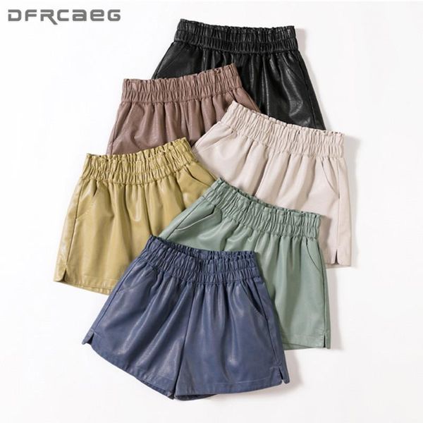 

women's shorts candy color elastic waist autumn winter women leather 2021 fashion loose ladies pu short trousers for boots, White;black