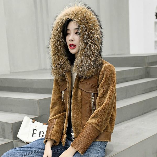 

women's fur & faux real dog female raccoon collar 100% wool jacket autumn winter coat women clothes 2021 korean suede lining zt4356, Black