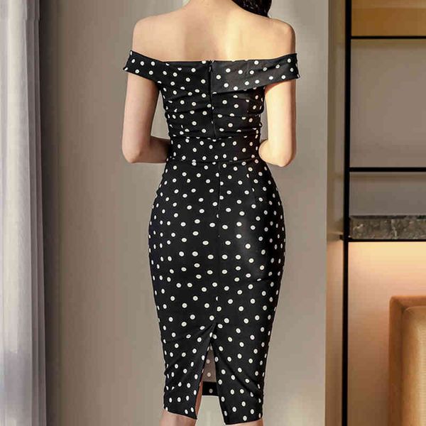 

dresses korean simple double breasted slim pencil women's 2021 dot bodycon es slash neck wear work vestidos, Black;gray