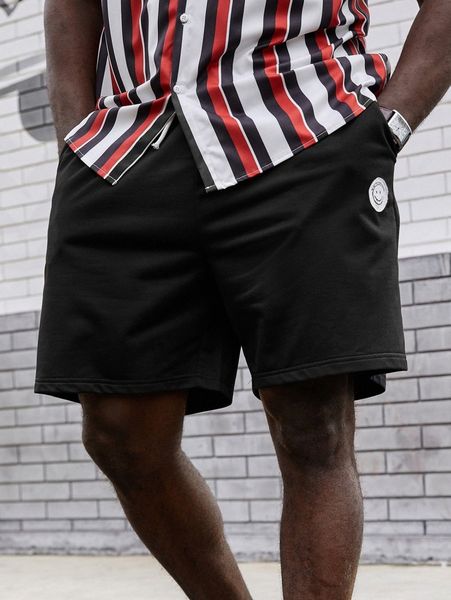 

extended sizes men cartoon face patched drawstring waist shorts x64h#, Black