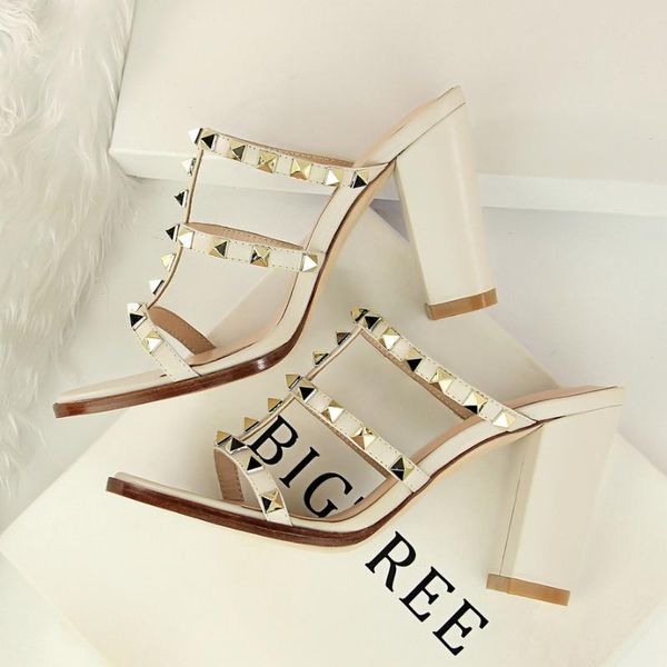 

slippers 2021 summer women 10cm high heels mules shales slides female rivets block fashion white shoes flip flops, Black