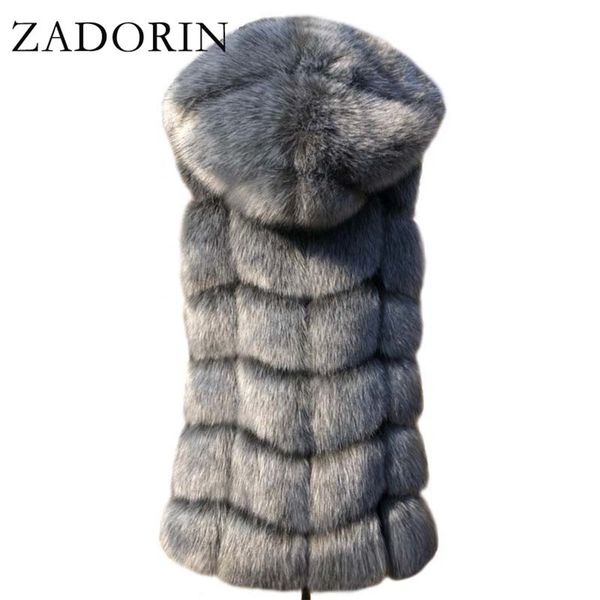 

zadorin fashion sleeveless faux fur coat hooded winter women faux fur gilet pelliccia plus size faux fur vest jacket bontjas 211218, Black