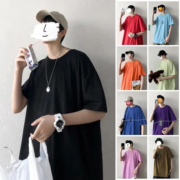 

[100% cotton] summer boys short sleeve t shirt hong kong style pure color loose round collar bottom s-4xl men's t-shirts, White;black