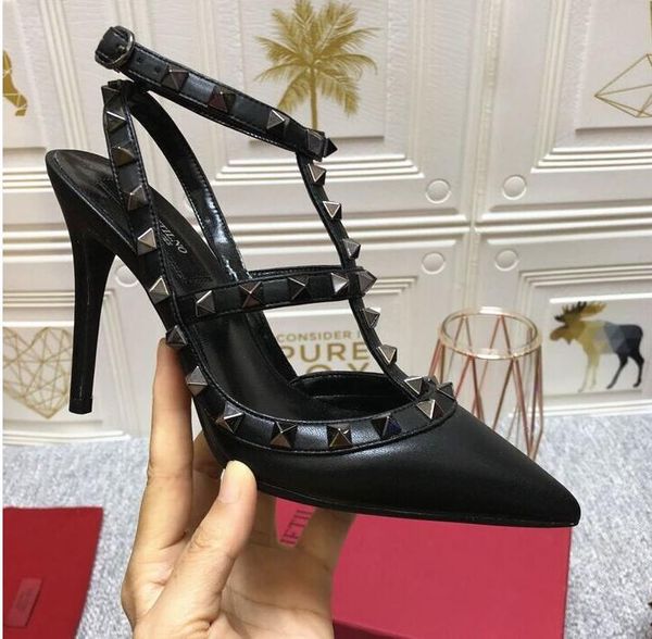 

sandals high heel rivet fashion luxury ladies rivets shoes genuine leather designer womens 10cm sandalias de las mujeres, Black