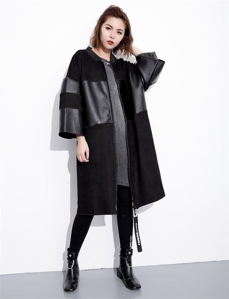 

[eam] loose fit black pu leather spliced big size jacket new stand collar long sleeve women coat fashion autumn jc2530 200919, Black;brown